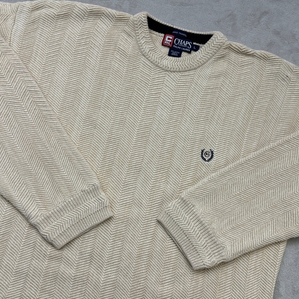 Vintage Chaps Ralph Lauren Sweater Mens Large Beige Herringbone Cotton Knit
